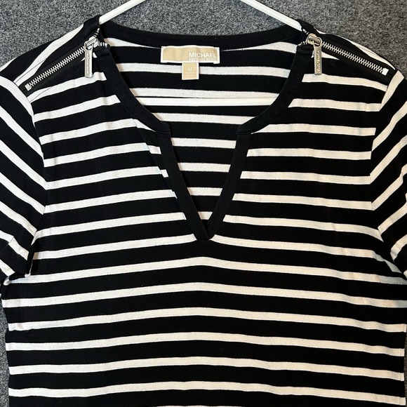 Michael Kors Women's 3/4 Sleeve Black/White Stripe Top - Picture 3 of 10
